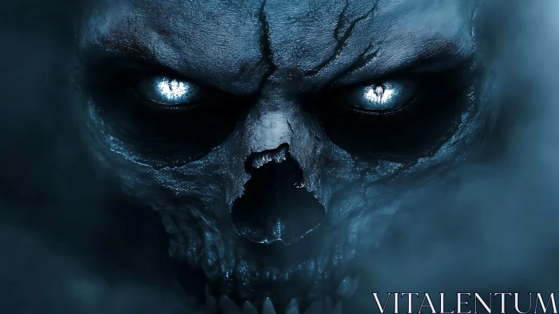 Digital painting of spectral skull with luminous eyes in mist.