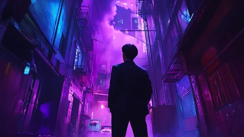 Silhouetted figure in neon fog within narrow cyber alleyway.