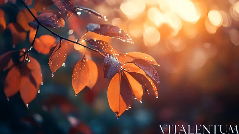 Glowing autumn leaves with raindrops in warm sunset bokeh.