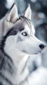 Ice-eyed husky gazes forward like a quiet northern comet