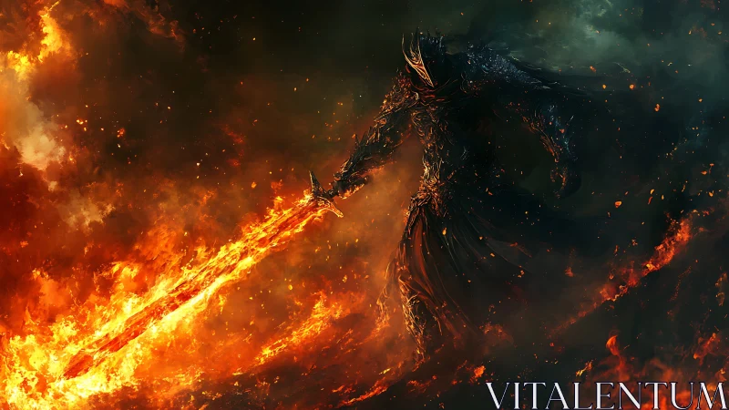 Digital painting of infernal swordsman within cascading flame fields.