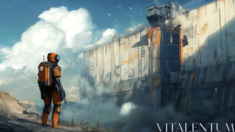 Lone orange astronaut studies a colossal rusted world-wall.