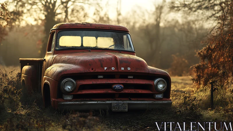 Old red Ford pickup truck in overgrown rural field at dawn.