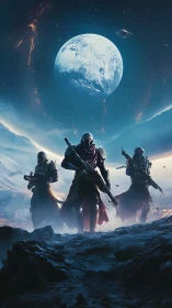 Starlit guardians stride forward beneath a glowing planet sky