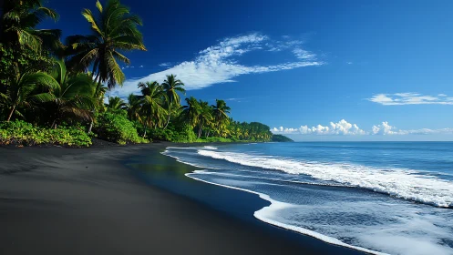 Black Sand Beach with Tropical Palm Coastline.