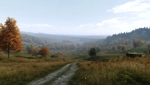 Autumn countryside valley with dirt track and distant hills