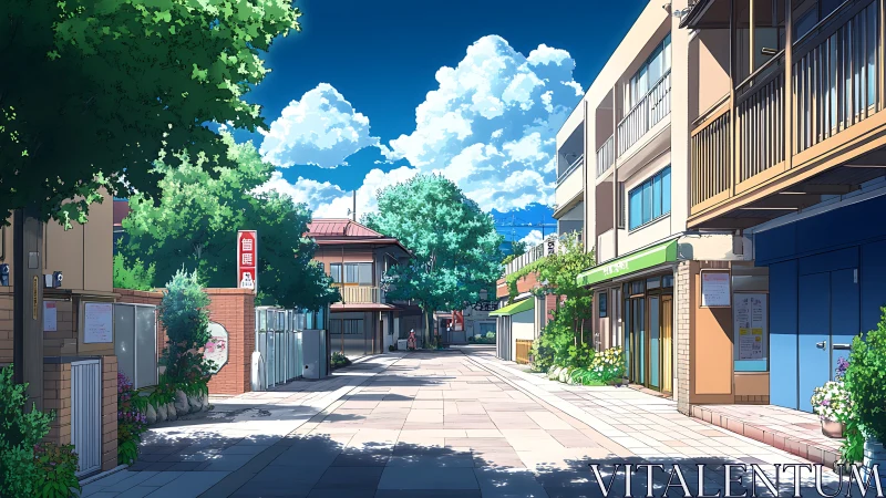 Sunlit Japanese side street with storefronts and lush trees.