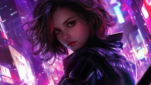 Digital portrait shows female subject in neon urban nightscape
