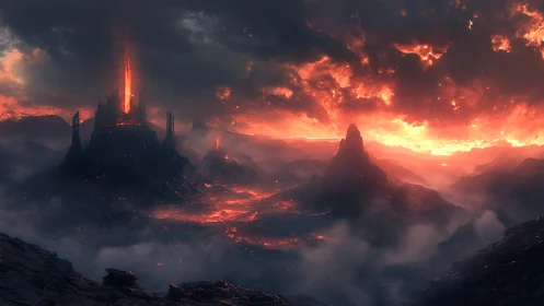 Volcanic fortress amid fiery sky and molten landscape.