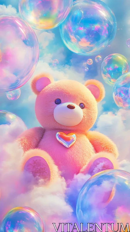 Daydreaming teddy drifts through iridescent bubble clouds.