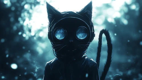 Cybernetic cat silhouette wears reflective goggles in mist