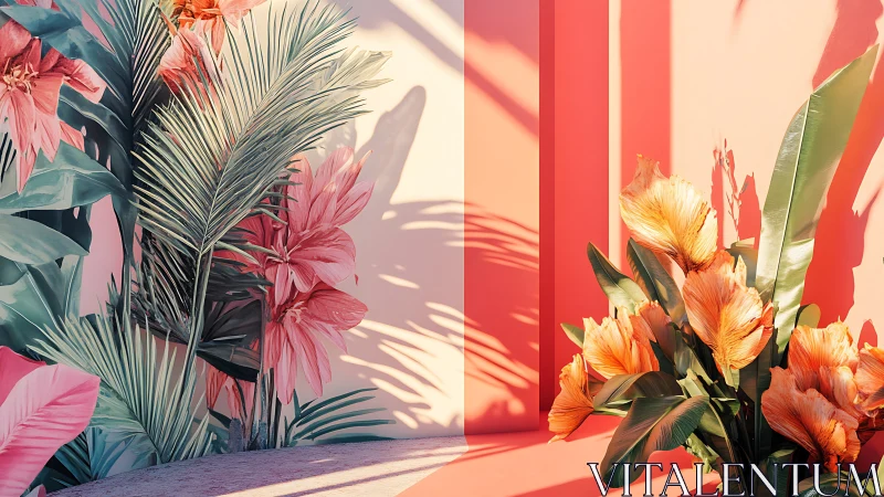 Sunlit Paradise: Tropical Blooms and Palm Shadows Dance