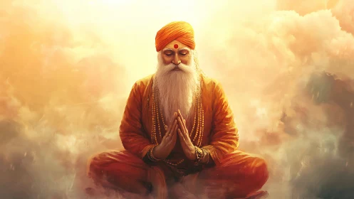 Radiant orange-clad sage sits in peaceful meditative prayer