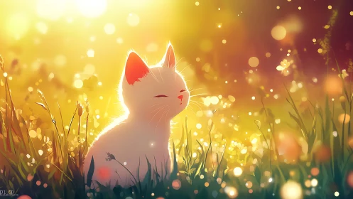 Sunlit white kitten meditating in glowing summer meadow.