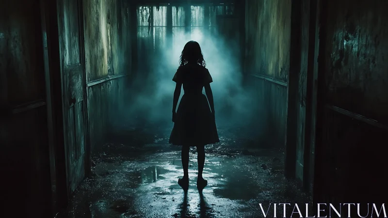 Silhouetted girl in misted decaying hallway at nightfall.