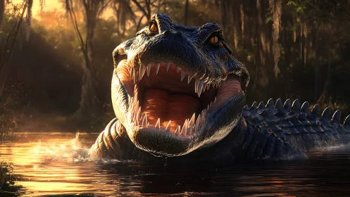 Hyperreal alligator surfacing with jaws agape in golden swamp