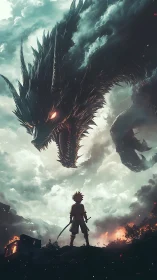 Stormlit swordsman confronting colossal shadow dragon.