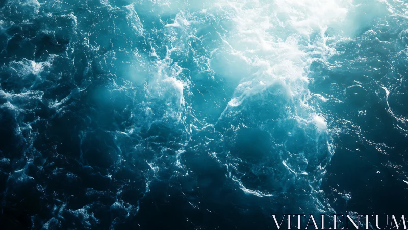 Sunlit ocean surface with white foam and deep blue water.