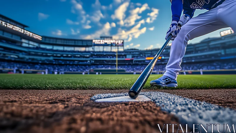 Baseball batter prepares to swing over home plate at sunset