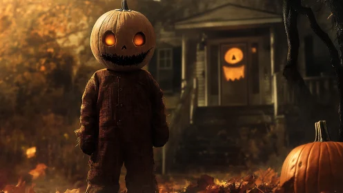 Pumpkin-headed child in burlap suit before eerie porch