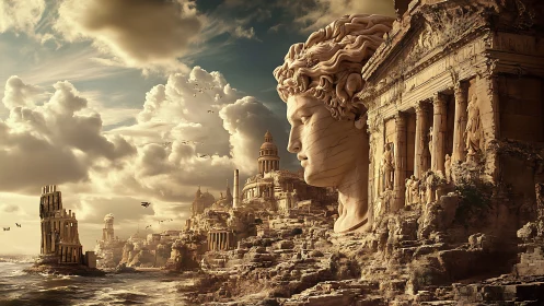 Colossal stone deity broods over a tide-worn mythic city.