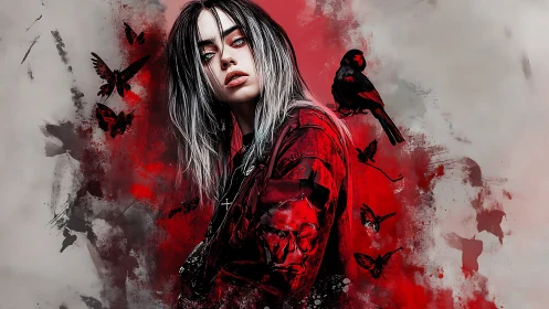 Stylized portrait of woman with birds and red abstract background.