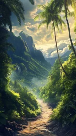 Sunlit tropical ravine leads toward misted volcanic peaks