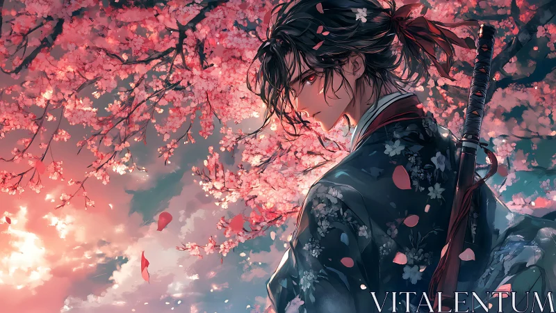 Samurai under crimson sakura canopy, petals swirling softly.