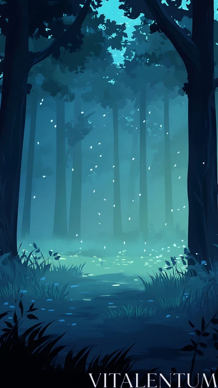 Luminous Forest Escape: Where Fireflies Dance Through Mist.