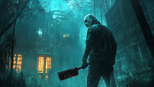 Masked killer stalks eerie cabin in neon‑lit night forest.