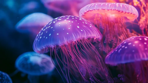 Neon jellyfish glow under bioluminescent ocean light.