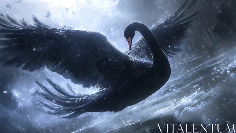 Stormlit black swan unfurls wings in silver rainstorm.