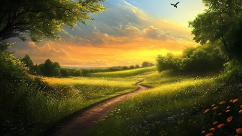 Sunlit countryside path through green fields at sunset.