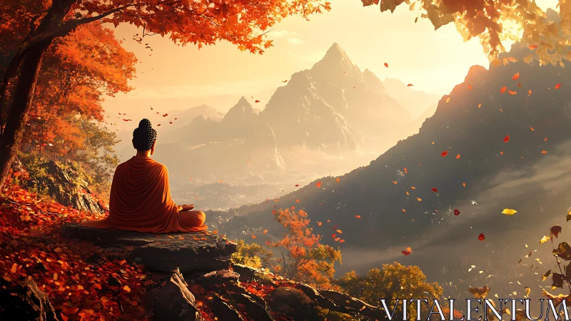 Buddhist monk meditates under golden autumn mountain sunrise