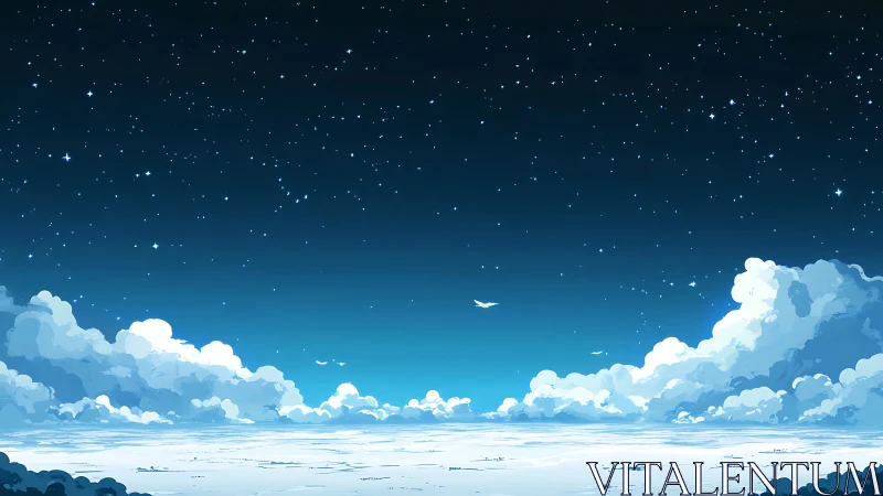 Starlit clouds embrace a tranquil midnight flight above seas.