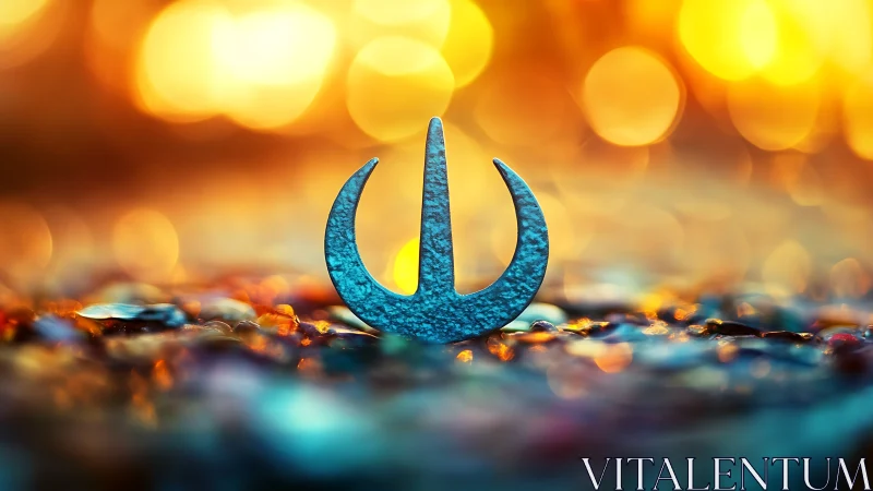 Metallic trident emblem stands against defocused bokeh blaze