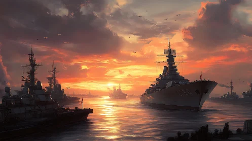 Battleship fleet advances through glowing sunset harbor