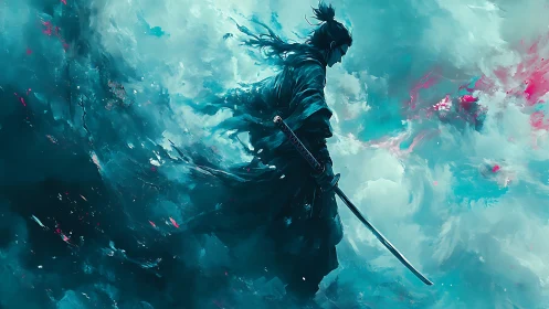 Stormlit sword saint drifting through teal thunderclouds.