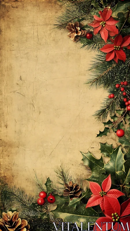 Vintage botanical Christmas border with poinsettia framing.