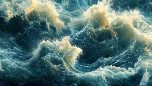 Dynamic ocean surface shows intersecting waves and foam