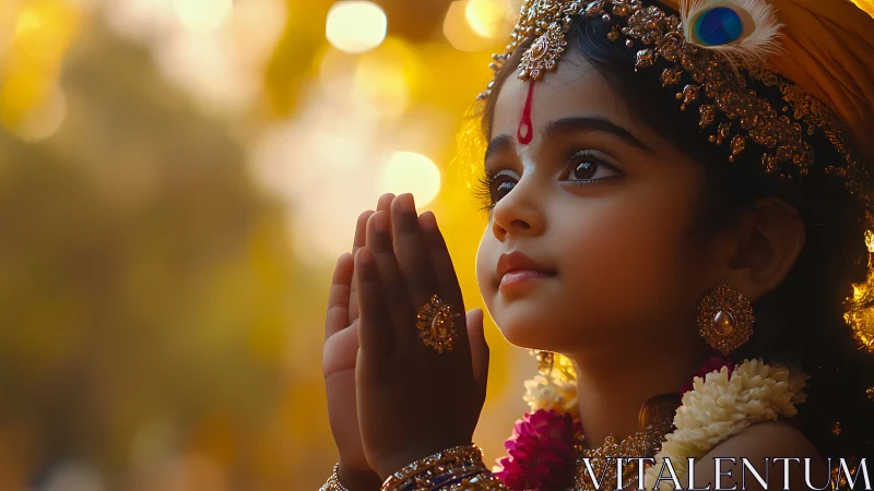 Photorealistic devotional portrait with golden bokeh illumination.