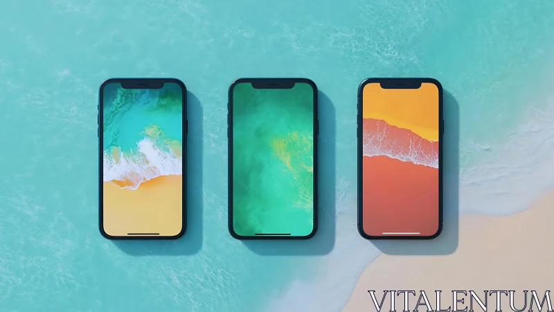 Smartphones display vivid beach wallpapers above teal surf.