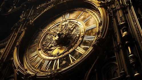 Baroque gilt clock fa&ccedil;ade in dramatic oblique 3D rendering.