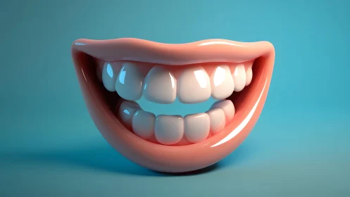 Realistic 3D Cartoon Smile With White Teeth on Blue Background.