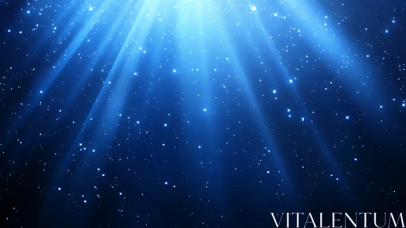 Blue stellar field with radial light beams from above.
