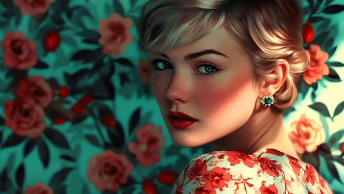Portrait shows blonde woman before teal floral backdrop