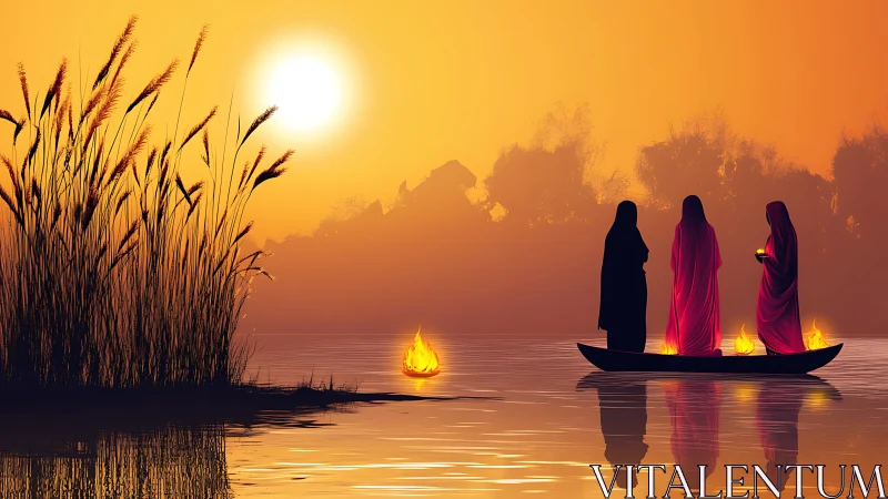 Three Figures in Robes on Canoe at Sunset, Dreamlike Illustration.