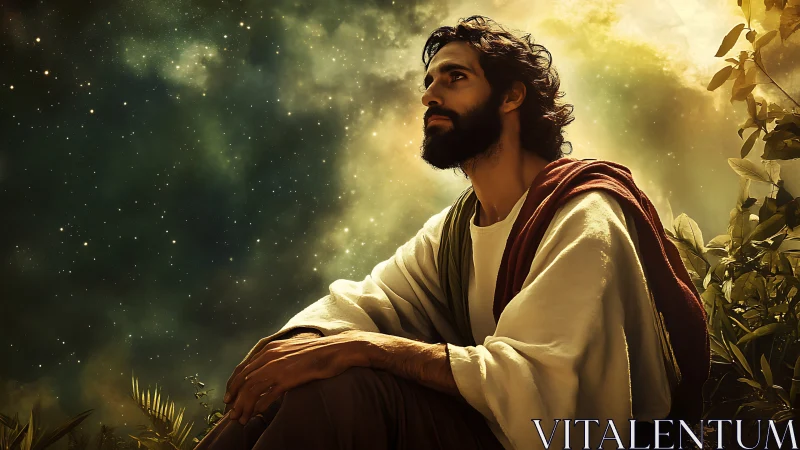 Meditative robed figure under volumetric celestial light field.