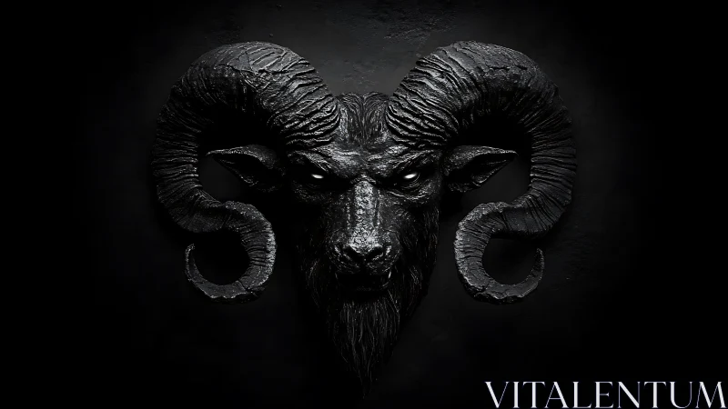 Dark ram skull sculpture with dramatic curled horns.