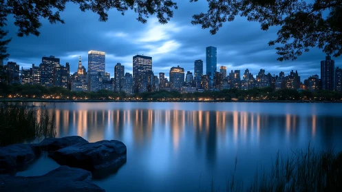 Photorealistic twilight skyline with reflective urban reservoir panorama.